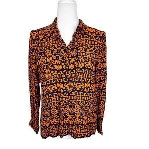 Joseph Janard Blouse Women Medium Blue Orange Floral Button Up Long Sleeve Top